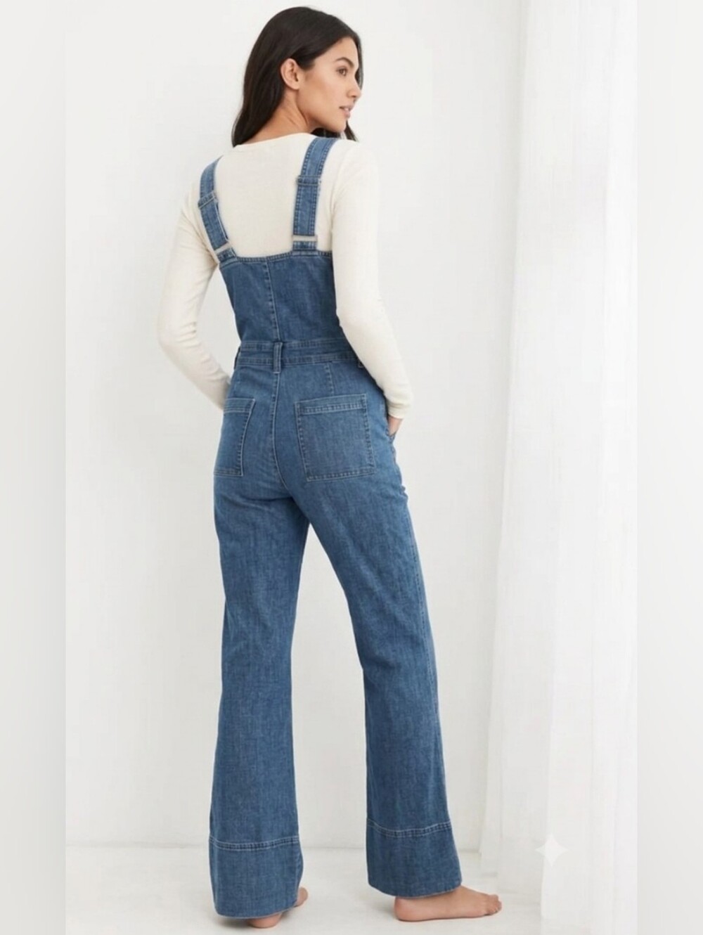 Aerie Medium Blue Button-Front Wide Leg Denim Overalls - Picture 2 of 16